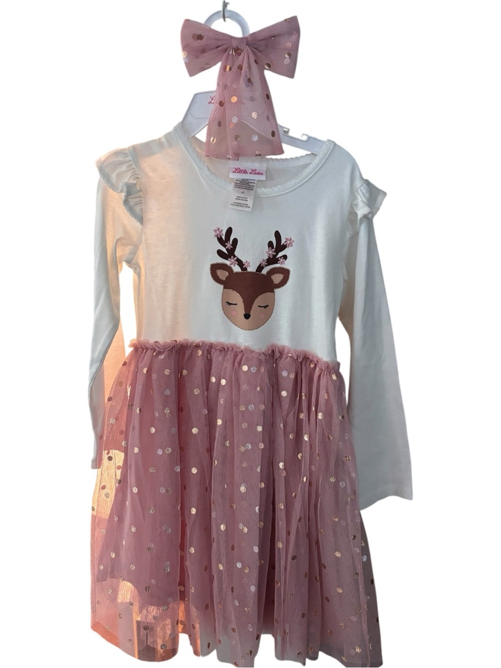 Little Lass Pink and White Deer Tulle Dress with Bow